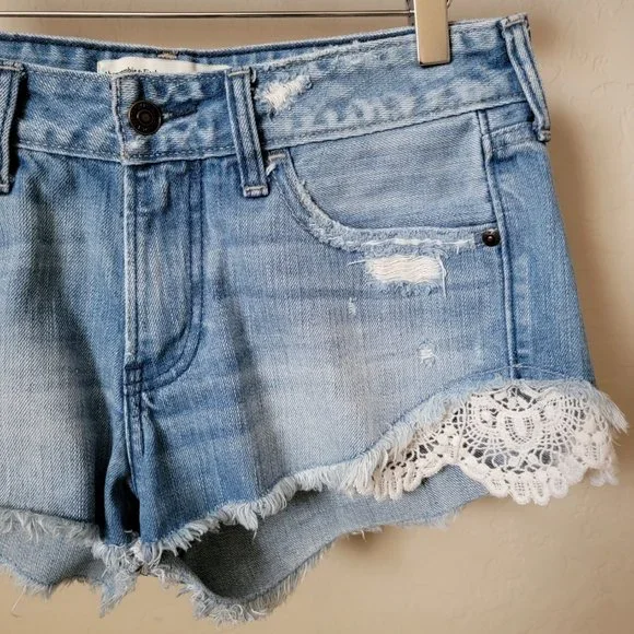 Abercrombie & Fitch Lace Crochet Distressed Cutoff Denim Jean Shorts - Picture 6 of 12